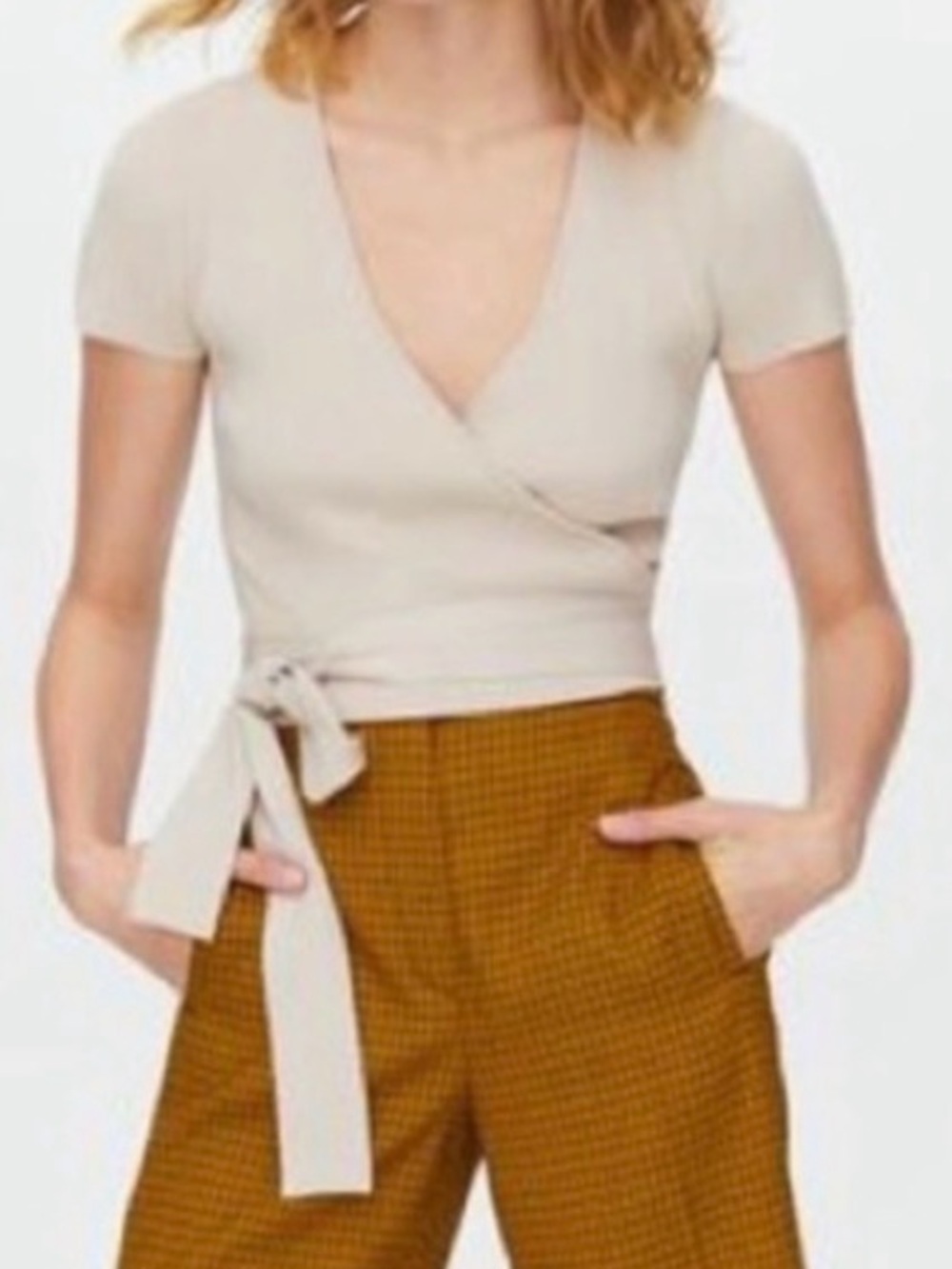 Aritzia Little Moon Beige Ribbed Wrap V-Neck Short Sleeve Knit Top